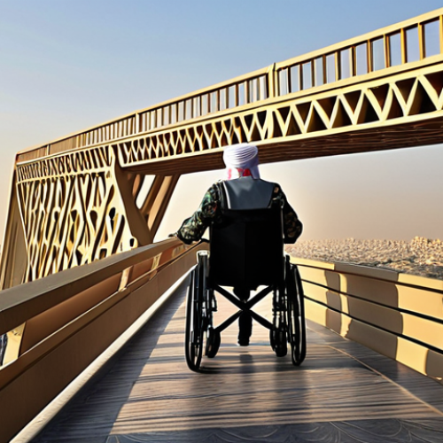Home 16 **Prompt 1: The Bridge of Security and Dignity**
A visually stunning scene illustrating a metaphorical bridge, built of light and support, connecting a struggling past to a vibrant, dignified future for people with disabilities. An individual with disabilities (e.g., in an advanced wheelchair or with a prosthetic limb) is confidently traversing this elegant, modern bridge, looking towards a bright, prosperous horizon. Subtle hints of Arabic architecture or motifs are integrated into the bridge's design or the distant cityscape, symbolizing cultural relevance and continuity. The atmosphere is hopeful and serene, with warm, inviting light. A gentle financial safety net or shield symbol is subtly incorporated into the scene, representing peace of mind and security.
* *Keywords:* Dignity, security, future, bridge, people with disabilities, Arab culture, hope, financial safety net, modern, serene.