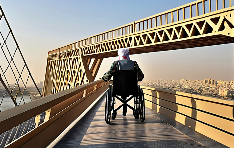 **Prompt 1: The Bridge of Security and Dignity**
A visually stunning scene illustrating a metaphorical bridge, built of light and support, connecting a struggling past to a vibrant, dignified future for people with disabilities. An individual with disabilities (e.g., in an advanced wheelchair or with a prosthetic limb) is confidently traversing this elegant, modern bridge, looking towards a bright, prosperous horizon. Subtle hints of Arabic architecture or motifs are integrated into the bridge's design or the distant cityscape, symbolizing cultural relevance and continuity. The atmosphere is hopeful and serene, with warm, inviting light. A gentle financial safety net or shield symbol is subtly incorporated into the scene, representing peace of mind and security.
* *Keywords:* Dignity, security, future, bridge, people with disabilities, Arab culture, hope, financial safety net, modern, serene.