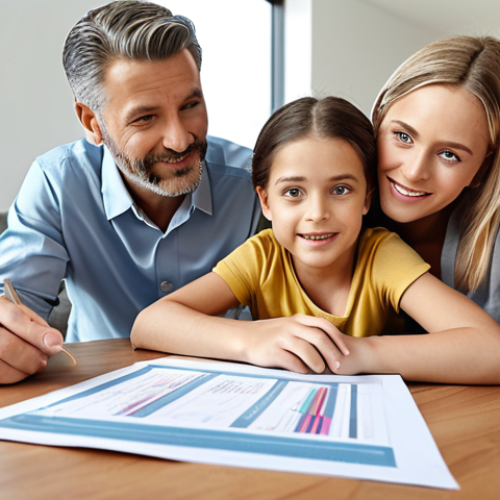Home 15 ** A family looking content and secure, with a modern financial plan document in the foreground. Focus on portraying financial security and a bright future.
**