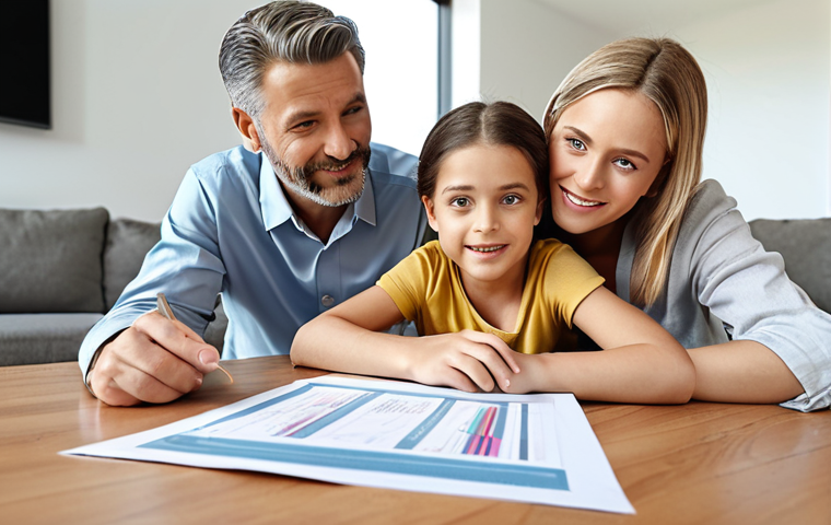 ** A family looking content and secure, with a modern financial plan document in the foreground. Focus on portraying financial security and a bright future.
**