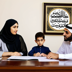 **Image Prompt:** A modern Arabic family sitting around a table, reviewing financial documents and insurance policies. The scene should convey a sense of security and planning for the future. The room is well-lit, decorated with Arabic calligraphy, and features elements of modern Islamic design.