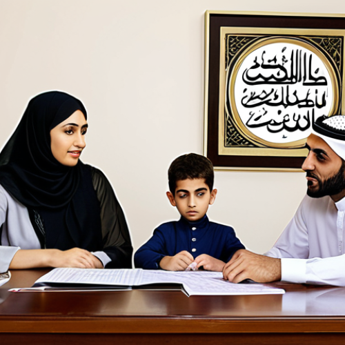 Home 8 **Image Prompt:** A modern Arabic family sitting around a table, reviewing financial documents and insurance policies. The scene should convey a sense of security and planning for the future. The room is well-lit, decorated with Arabic calligraphy, and features elements of modern Islamic design.