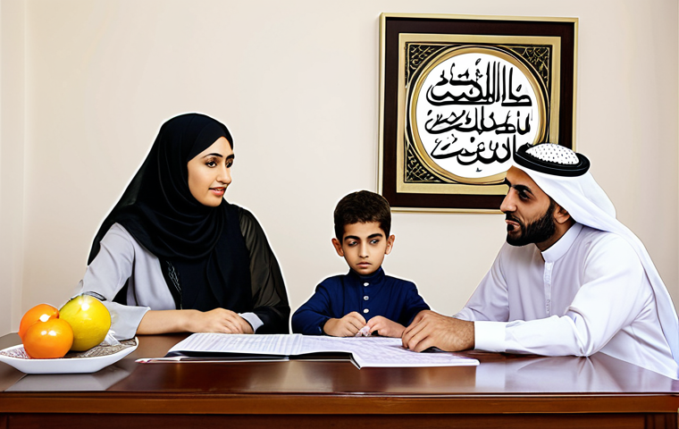 **Image Prompt:** A modern Arabic family sitting around a table, reviewing financial documents and insurance policies. The scene should convey a sense of security and planning for the future. The room is well-lit, decorated with Arabic calligraphy, and features elements of modern Islamic design.