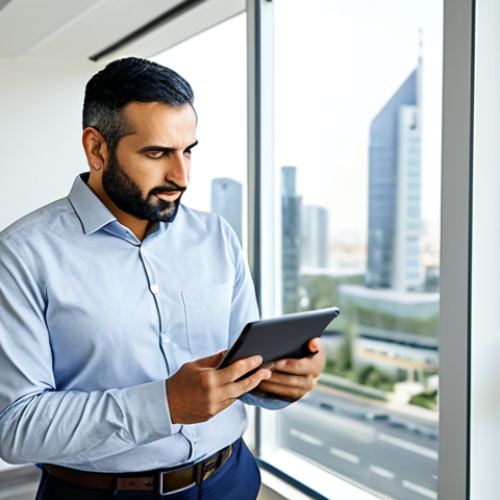 Home 23 A thoughtful professional Arab man in his late 30s, dressed in a modest business casual attire, stands in a brightly lit, modern office. He is looking at a tablet displaying a simplified, clean insurance dashboard, with subtle graphics indicating the positive impact of safe driving habits and healthy lifestyle choices on premiums. The background subtly blends a calm city view with elements of a secure home, emphasizing integrated living. The overall mood conveys empowerment and smart financial management. fully clothed, appropriate attire, safe for work, perfect anatomy, correct proportions, natural pose, well-formed hands, proper finger count, natural body proportions, professional photography, high quality, family-friendly content.