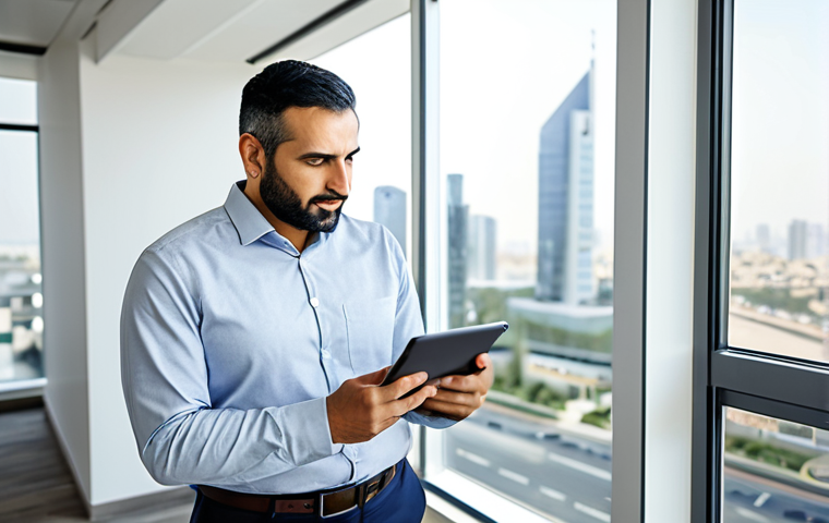 A thoughtful professional Arab man in his late 30s, dressed in a modest business casual attire, stands in a brightly lit, modern office. He is looking at a tablet displaying a simplified, clean insurance dashboard, with subtle graphics indicating the positive impact of safe driving habits and healthy lifestyle choices on premiums. The background subtly blends a calm city view with elements of a secure home, emphasizing integrated living. The overall mood conveys empowerment and smart financial management. fully clothed, appropriate attire, safe for work, perfect anatomy, correct proportions, natural pose, well-formed hands, proper finger count, natural body proportions, professional photography, high quality, family-friendly content.