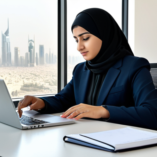 Home 22 Modern Riyadh Office Scene**
"A professional Arab businesswoman, fully clothed in a stylish, modest business suit, working on a laptop at a clean, modern desk in a bright Riyadh office. Large windows show the city skyline. Natural lighting, realistic, safe for work, appropriate content, professional, perfect anatomy, correct proportions, well-formed hands."
**