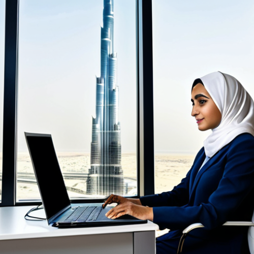 Home 9 **
"A professional businesswoman in a modest, dark business suit with a hijab, working on a laptop in a bright, modern office in Dubai, UAE. The office has a view of the Burj Khalifa. Fully clothed, appropriate attire, safe for work, perfect anatomy, natural proportions, professional photography, high quality, family-friendly."
**