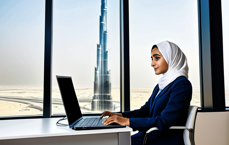**

"A professional businesswoman in a modest, dark business suit with a hijab, working on a laptop in a bright, modern office in Dubai, UAE. The office has a view of the Burj Khalifa. Fully clothed, appropriate attire, safe for work, perfect anatomy, natural proportions, professional photography, high quality, family-friendly."

**