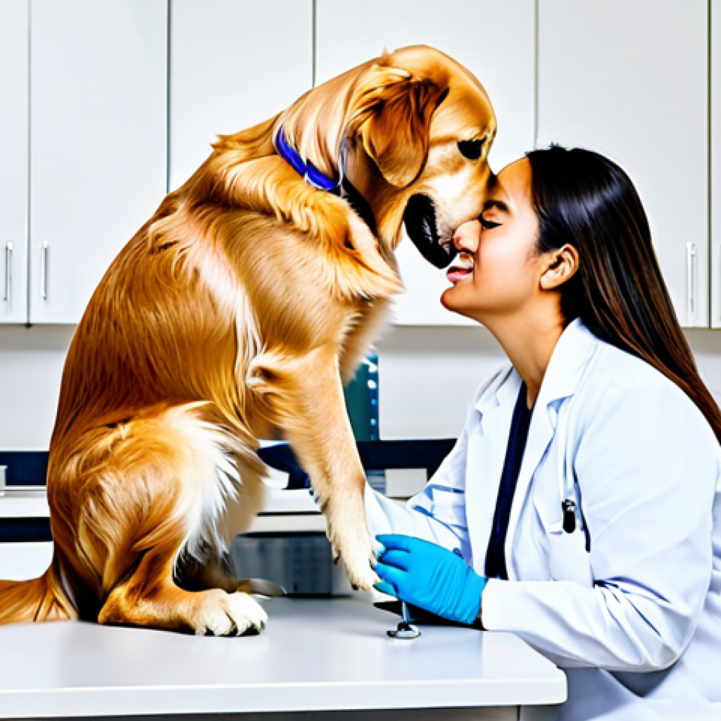 반려동물 보험 보장 항목 - **Prompt:** A veterinarian carefully examining a healthy Golden Retriever dog during a routine check...