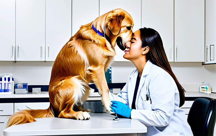 반려동물 보험 보장 항목 - **Prompt:** A veterinarian carefully examining a healthy Golden Retriever dog during a routine check...
