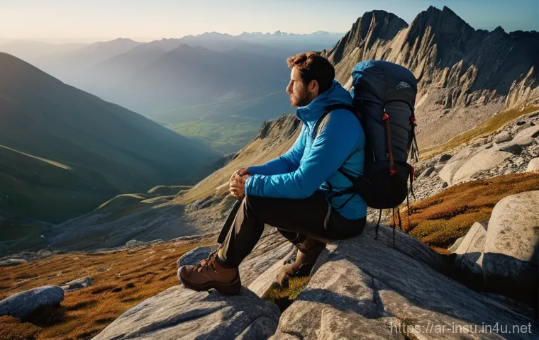 산악구조보험 활용법 - **Mountain Hiker's Serenity:**
A breathtaking panoramic view of a vast, majestic mountain range ...