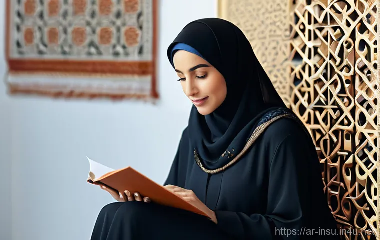 보험 약관 쉽게 이해하기 - **Prompt:** A serene and insightful Middle-Eastern woman, aged 35-45, dressed in a contemporary abay...