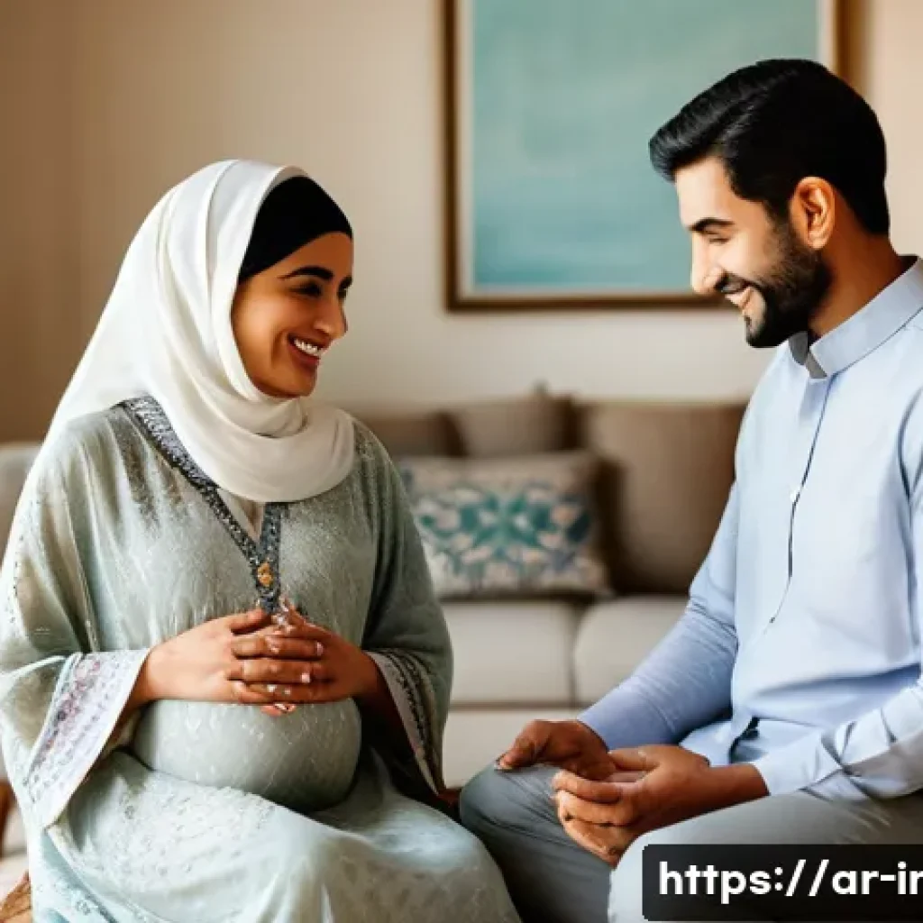 태아보험 언제 가입해야 할까 - **Prompt:** A serene and joyous scene featuring a pregnant Arab couple in their elegantly decorated ...
