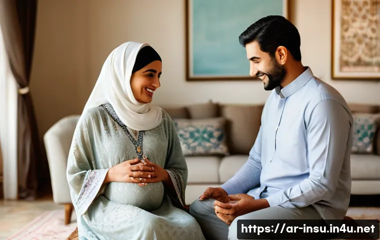 태아보험 언제 가입해야 할까 - **Prompt:** A serene and joyous scene featuring a pregnant Arab couple in their elegantly decorated ...