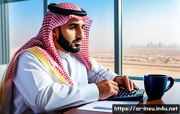 종신보험 중도 해지 - A professional Middle Eastern man in traditional Saudi attire (thobe and ghutra) sitting at a modern...