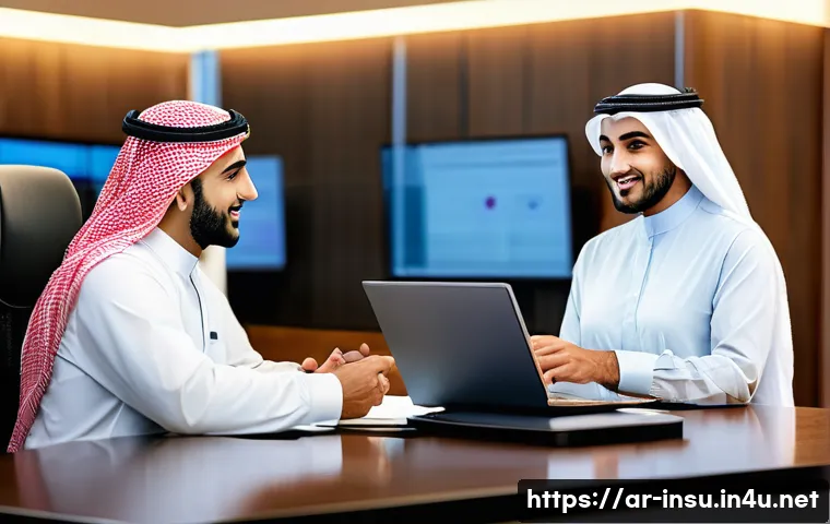 보험사별 보상 처리 속도 - A professional Arabic insurance office scene showing a Middle Eastern male customer in traditional a...