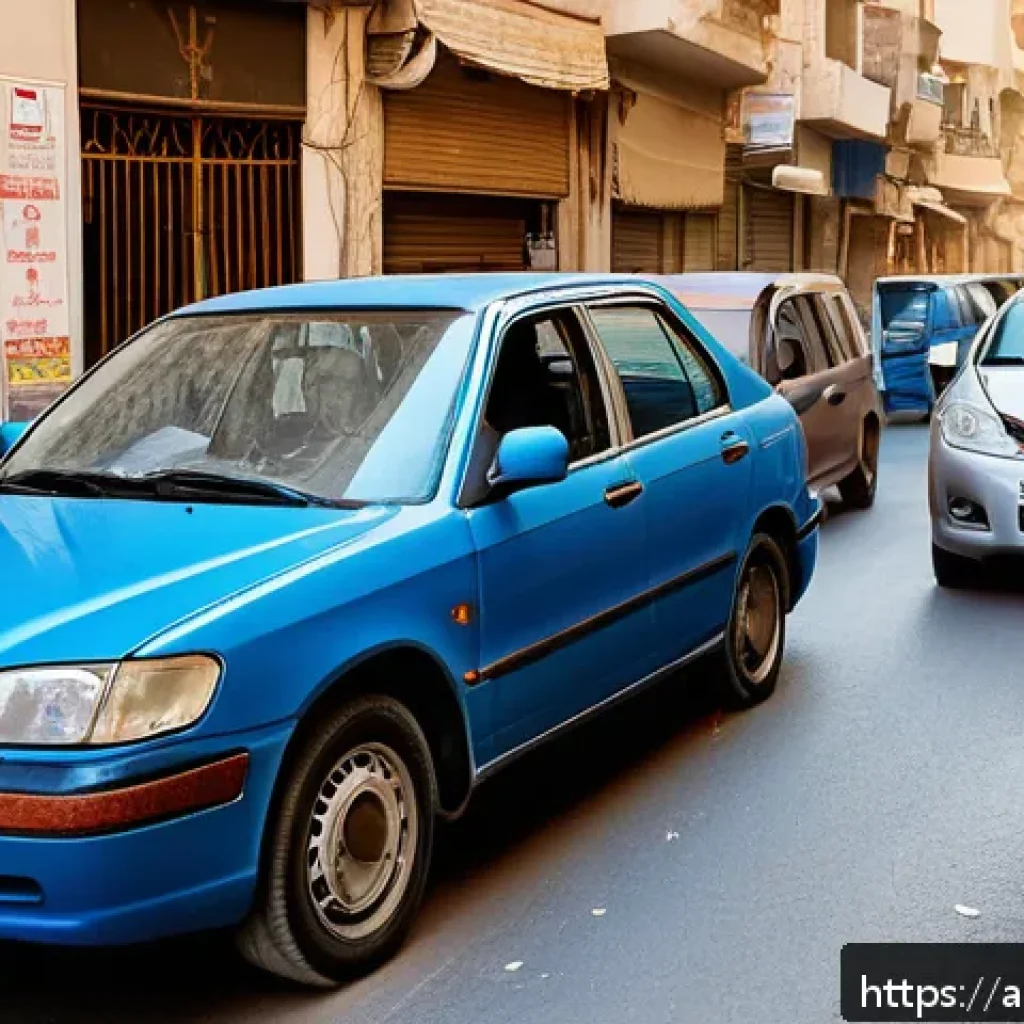 운전자 보험 사고 사례 - A detailed scene of a Middle Eastern urban street after a minor car accident, showing two adult male...