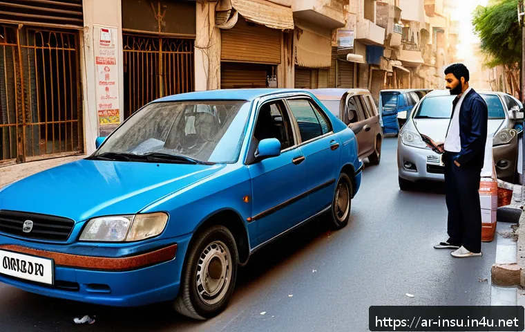 운전자 보험 사고 사례 - A detailed scene of a Middle Eastern urban street after a minor car accident, showing two adult male...