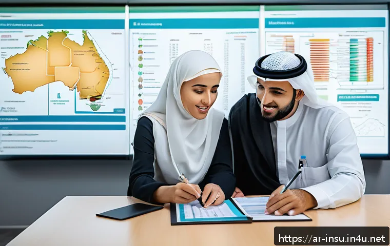 실손보험 가입 조건 - A detailed infographic scene showing an Arabic family consulting with a healthcare insurance advisor...