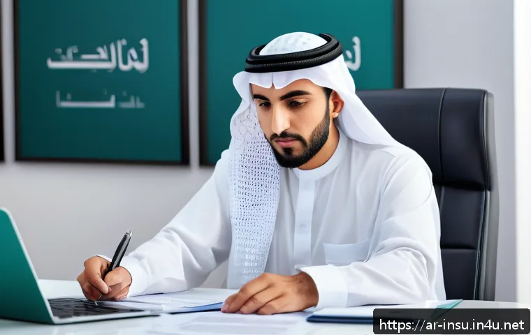 보험 해지 후 재가입 방법 - A professional Middle Eastern man in traditional attire, sitting at a modern office desk reviewing i...