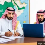 Home 22 교통사고 입원비 보장 보험 - A professional Arabic-speaking insurance agent in traditional Saudi attire, seated at a modern offic...