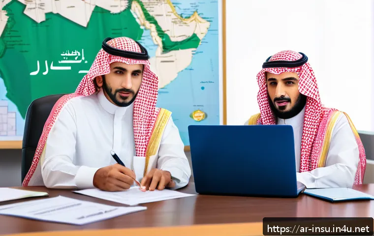 교통사고 입원비 보장 보험 - A professional Arabic-speaking insurance agent in traditional Saudi attire, seated at a modern offic...