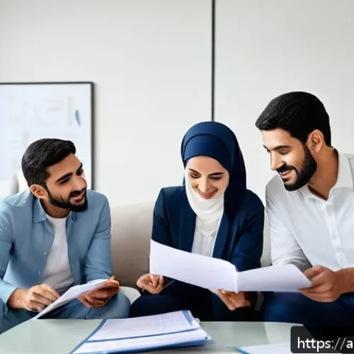 Home 33 건강보험 추가 보장 상품 - A professional Middle Eastern family in a modern living room discussing health insurance plans, with...
