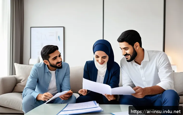 건강보험 추가 보장 상품 - A professional Middle Eastern family in a modern living room discussing health insurance plans, with...