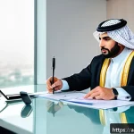 Home 20 보험금 분쟁 해결 사례 - A professional Middle Eastern insurance agent and a client sitting at a modern office desk filled wi...