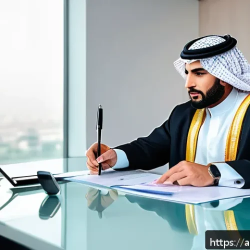 Home 32 보험금 분쟁 해결 사례 - A professional Middle Eastern insurance agent and a client sitting at a modern office desk filled wi...