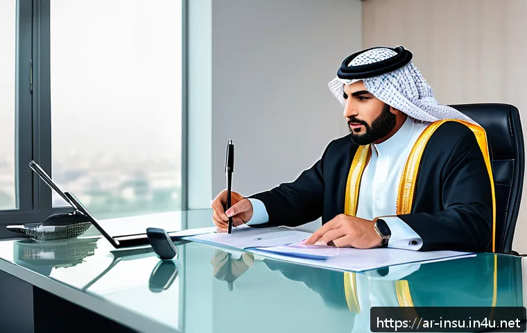 보험금 분쟁 해결 사례 - A professional Middle Eastern insurance agent and a client sitting at a modern office desk filled wi...