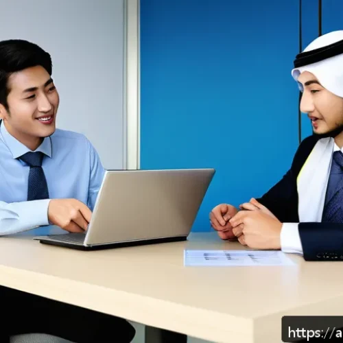 Home 31 직장인 건강보험 혜택 - A modern Korean office setting where an Arab male employee, dressed in business casual attire, is in...