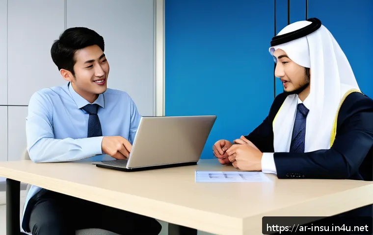직장인 건강보험 혜택 - A modern Korean office setting where an Arab male employee, dressed in business casual attire, is in...