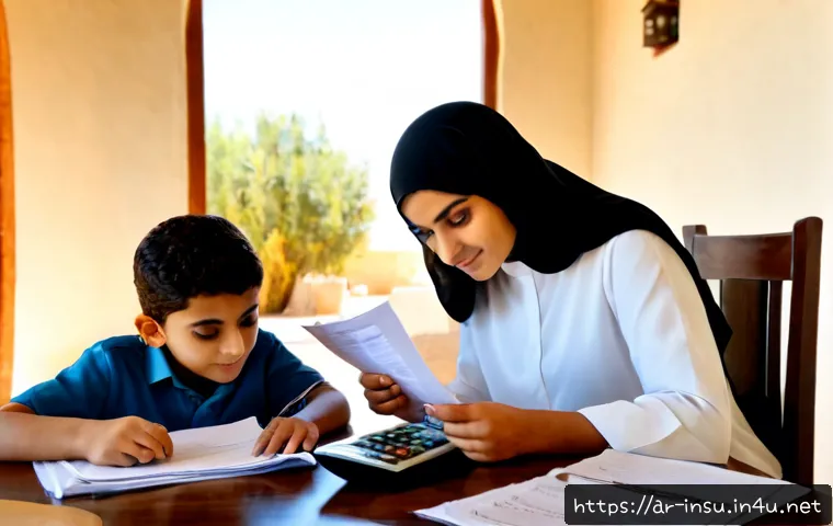 보험료 절약 팁 - Photorealistic Middle Eastern family reviewing household insurance expenses at a tidy sunlit dining ...