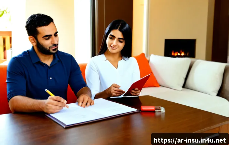 주택화재보험 가입 요령 - Photorealistic Middle Eastern family couple in a bright modern home living room, calmly reviewing ho...